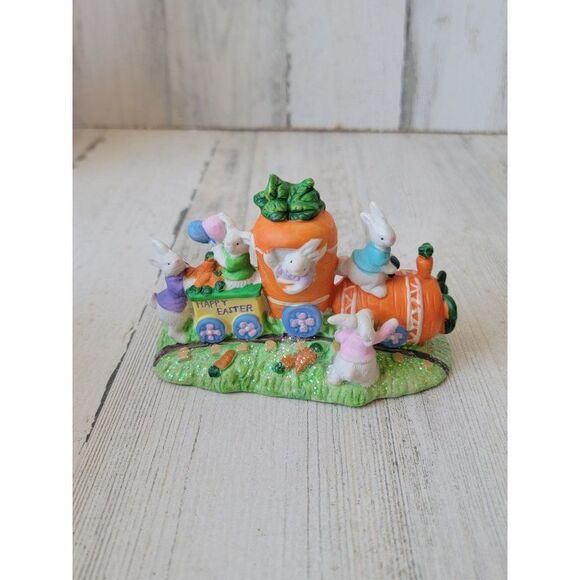 Happy Easter carrot kart train ceramic bunny rabbit glitter Village accessory - Picture 1 of 7
